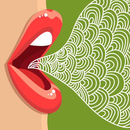 Concept of gossip or love. Female lips speak. Flat design, vector illustration.のイラスト素材