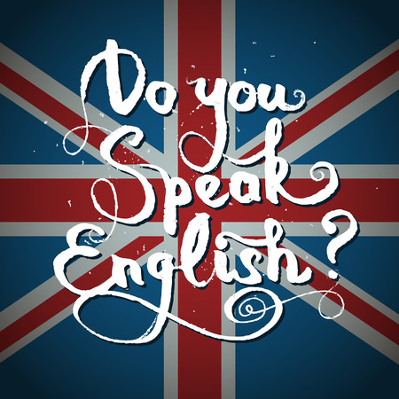 Concept of studying English or travelling. Phrase Do you speak English in front of british flag.のイラスト素材