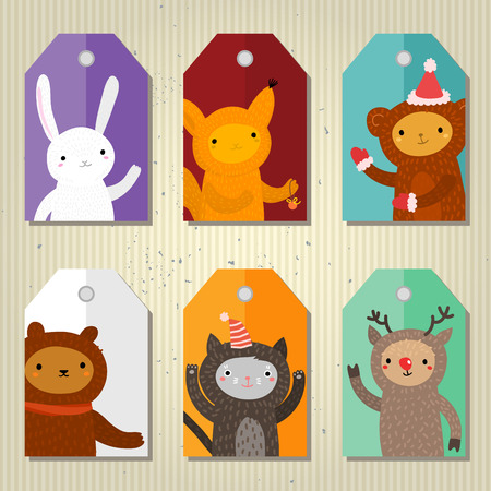 Christmas and New Year cute gift tags with cartoon animals. Flat design, illustrationのイラスト素材