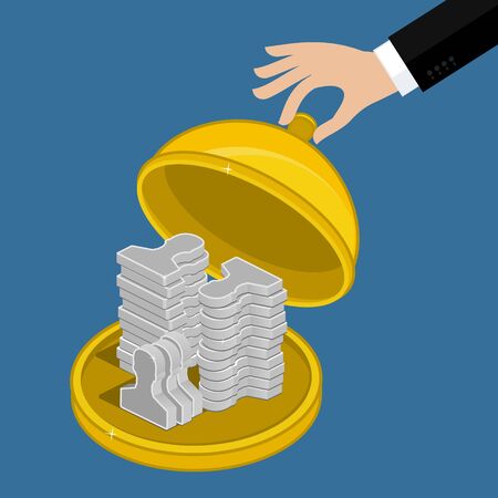 Concept of attracting customers and clients to business. Restaurant cloche with icons of users. illustration in flat style.のイラスト素材