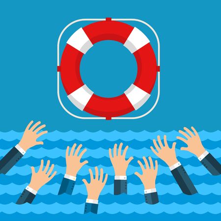 Helping Business survive. Drowning businessman getting lifebuoy from big ship for help, support, and survival.のイラスト素材