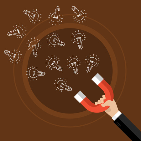Concept of idea. Horseshoe magnet collecting hand drawn light bulb.のイラスト素材