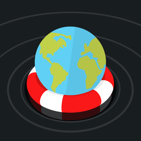 Concept of environmental protection. Globe Earth in lifebuoy. Flat design, vector illustration.のイラスト素材