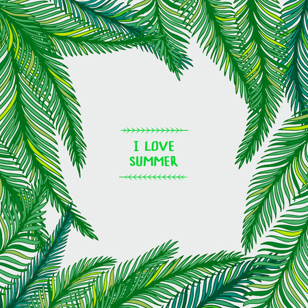 Hand drawn frame of palm leaves on white background. Fashion tropical vector illustration.のイラスト素材