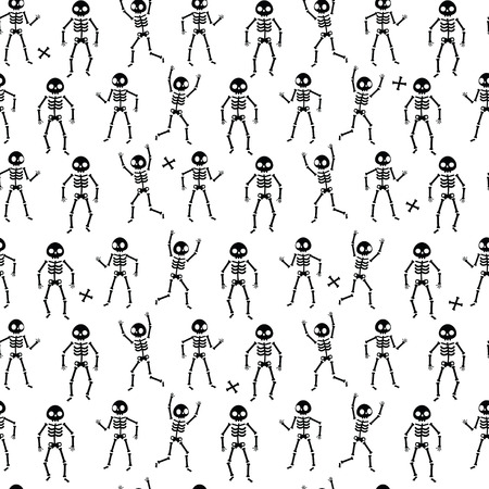 Seamless pattern of funny skeletons on white background. Skeletons dancing. Vector illustration.のイラスト素材