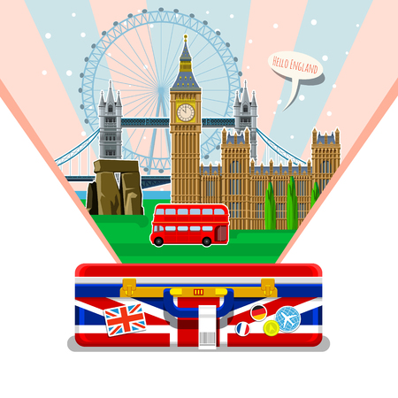 Concept of travel or studying English. English flag with landmarks in open suitcase. Excellent vacation in England. Fine travel to England. Time to travel. Flat design, vector illustrationのイラスト素材