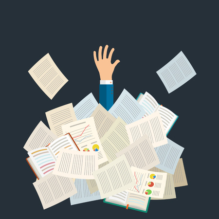 Concept of studying. Student buried under a pile of books, textbooks and papers. Flat design, vector illustration.のイラスト素材