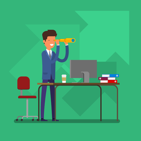 Business concept of searching for opportunities. A man looks through a telescope. Flat design, vector illustration.のイラスト素材