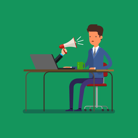 Web advertising and spam concept with cartoon businessman and megaphone. Flat design, vector illustration.のイラスト素材