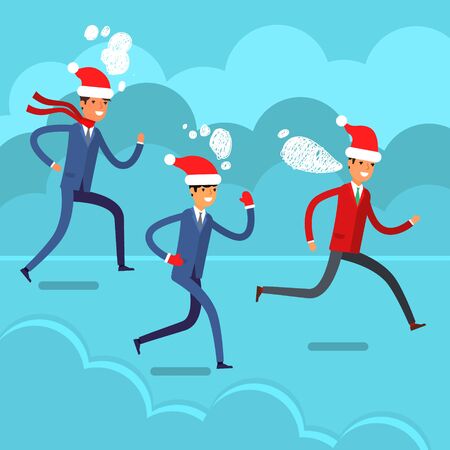 New Year card with business people. Group of businessmen running in red hats of Santa Claus.のイラスト素材