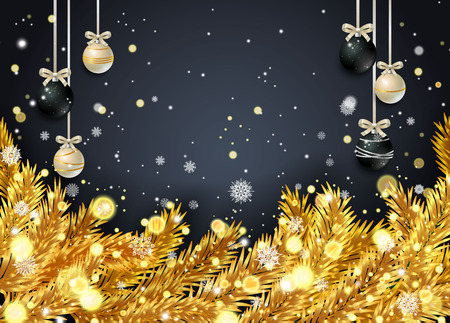 New Year background with golden fir branches and snowflakes on black background. Vector illustration.のイラスト素材