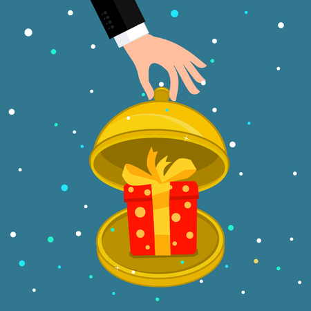 Concept of gift. Hand holding Restaurant cloche with gift box on the screen. Finger touch the button. Flat design, vector illustration.のイラスト素材