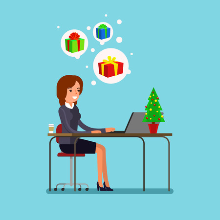 New year business concept. Business woman sitting at a table and selects gifts. Flat design, vector illustration.のイラスト素材