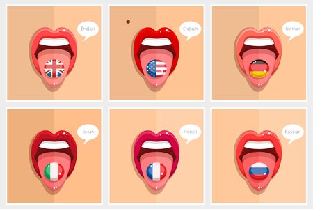 Learning languages concept. Open mouth with flags. Learning English, American, French, German, Italian, Russian languages.のイラスト素材