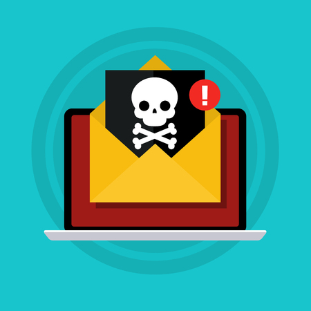 Concept of virus, piracy, hacking and security. Laptop with malicious content and skull on the screen. Flat design, vector illustration.のイラスト素材