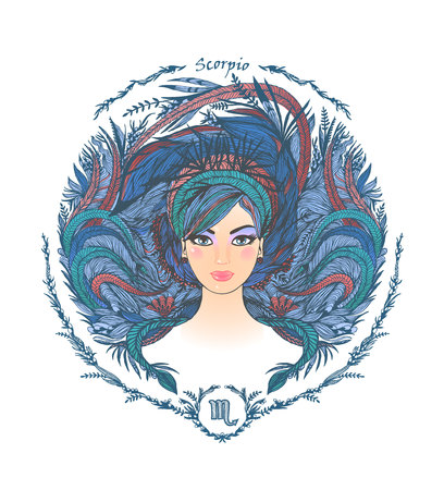 Zodiac sign. Hand drawn portrait of a beautiful woman. Vector illustration of Scorpio zodiac sign.のイラスト素材