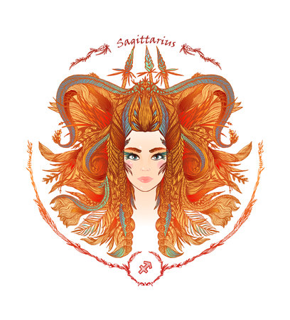 Zodiac sign. Hand drawn portrait of a beautiful woman. Vector illustration of Sagittarius zodiac sign.のイラスト素材