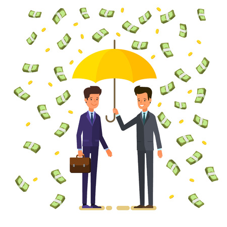 A concept of success. Businessmen holding an umbrella and standing under money rain flat design vector illustration.のイラスト素材