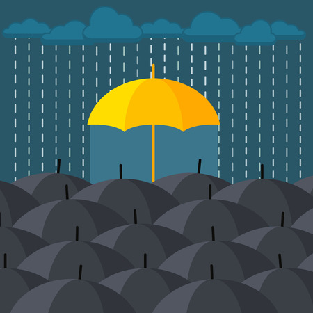 Concept of individuality and difference. Yellow umbrella among many dark ones. Standing out from crowd. Flat design, vector illustration.のイラスト素材