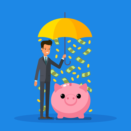 Concept of protection and saving money. A businessman with umbrella protecting his piggy bank. Flat design, vector illustration.のイラスト素材