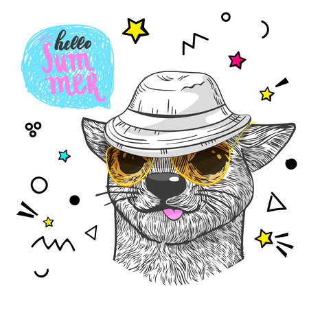 Concept of vacation. Hand drawn dog. Cute chihuahua in cap and wearing goggles. Hello Summer message in bubble.のイラスト素材