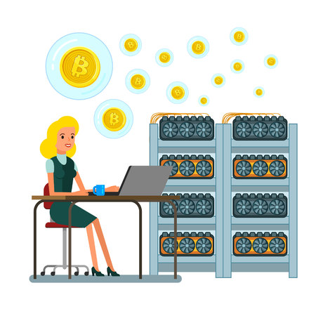 Concept of cryptocurrency. Business woman mining digital currency. Flat design, vector illustration.のイラスト素材