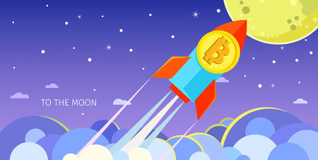 Concept of Crypto-currency. Rocket flying to the moon with bitcoin icon.のイラスト素材