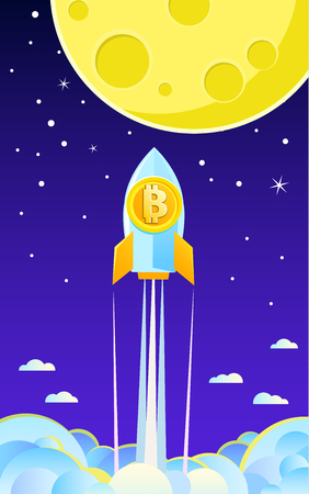 Concept of Crypto-currency. Rocket flying to the moon with bitcoin icon.のイラスト素材