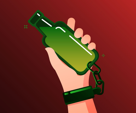 Concept of alcohol addicted. Alcoholic addicted holds and is chained to the bottle. Flat design, vector illustration.のイラスト素材