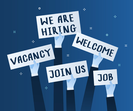 Concept of search employees. Men hands holding signs with text Vacancy, Job, We are hiring, Join us,...