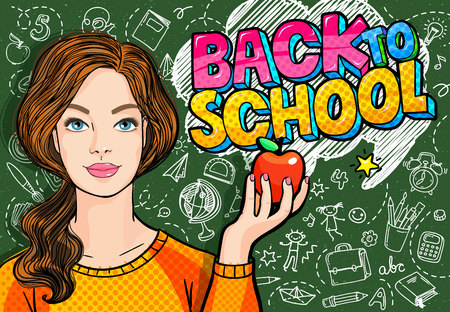 Young woman, teacher in front of a blackboardのイラスト素材