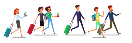 Tourist man and woman running. Traveling people in trip wear with luggage hurry, late for plane or registration. Front, rear view. Vector flat style cartoon illustration, isolated, white backgroundのイラスト素材