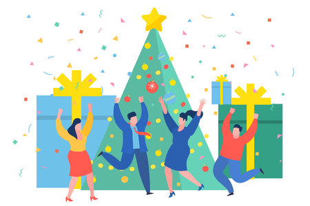 Funny mini business people dancing near the Christmas tree. New Year business concept.のイラスト素材
