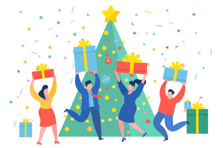 Funny  business people dancing near the Christmas tree. New Year business concept.のイラスト素材