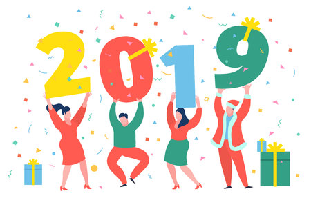 New Year business concept. Business people holding numbers 2019. Office Team are preparing to meet the new year. Flat design, vector illustration.のイラスト素材