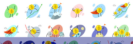 Concept of Crypto currency. Set of cartoon bitcoin characters.のイラスト素材