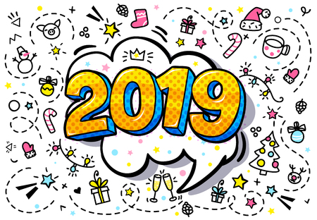 New Year greating card. Yellow numbers 2019 in word bubble. Message in pop art comic style.のイラスト素材