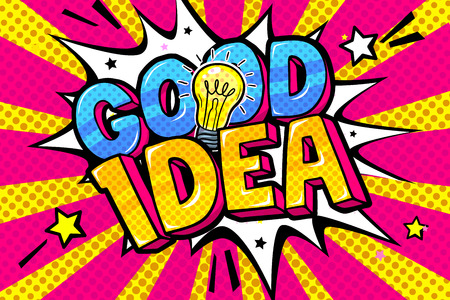 Concept of Idea. Message Good Idea and Light bulb in pop art style. Vector illustration.のイラスト素材