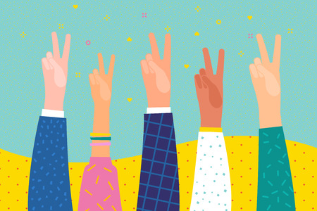 Concept of Peace. Hands up with victory gesture. Flat design, vector illustration.のイラスト素材