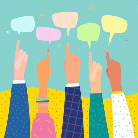 Human hands point finger on speech bubble. Several human hands with pointing finger. Flat design, business vector illustration.のイラスト素材