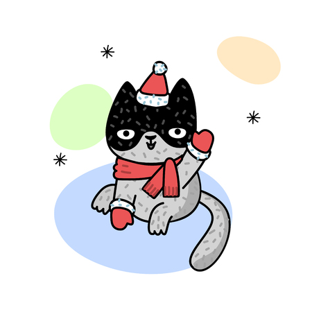 Winter illustration with happy cat in dressed as Santa Claus. Cute kitten. Vector illustration for a postcard, poster, print for clothes or accessories. New Year and Christmas.のイラスト素材