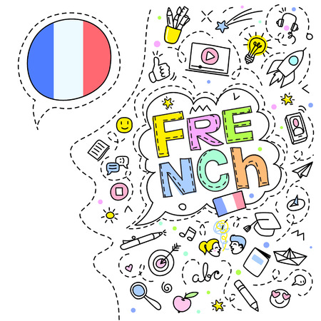 Concept of traveling or studying French. French flag and face with line art icons. Flat design, line art vector illustration.のイラスト素材