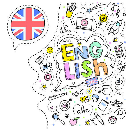 Concept of traveling. British flag and face with line art icons.のイラスト素材