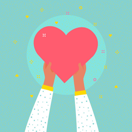 Concept of charity and donation. Give and share your love to people. Hands are holding big heart symbol. Flat design, vector illustration.のイラスト素材