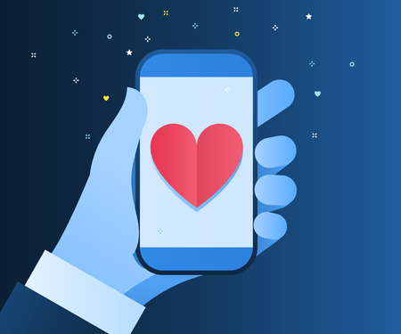 Sending love message concept. Hand holding phone with heart on blue background. Flat design, vector illustration.のイラスト素材