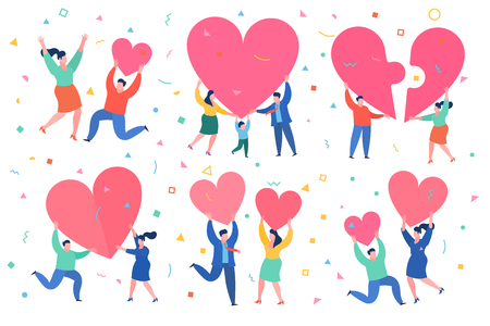 Man and woman hold big red heart. Valenine day. Love and relationship.のイラスト素材