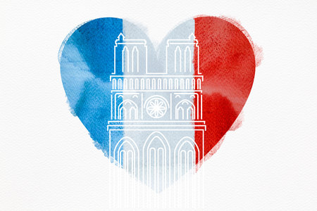 Notre Dame Cathedral with the French flag in the shape of a heart.の写真素材
