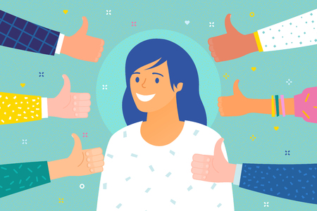 Concept of success and public approval. Cheerful young woman surrounded by hands with thumbs up. Flat design, vector illustration.のイラスト素材