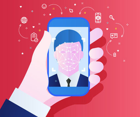 Concept of Face ID on red background. Man is holding phone in his hand with process of Face Recognition. Vector illustration.のイラスト素材
