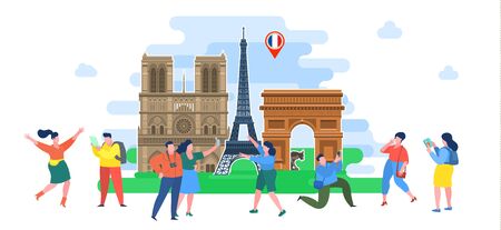 Concept of travel or studying French. Tourists in France.のイラスト素材